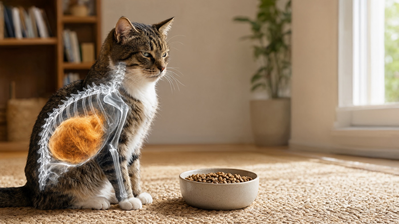 A tabby cat turning away from a full food bowl, with an x-ray view showing a stomach packed with swallowed fur